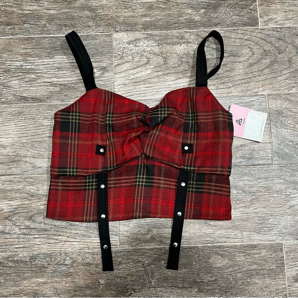 Plaid Red Twist Bustier Crop Top with Straps